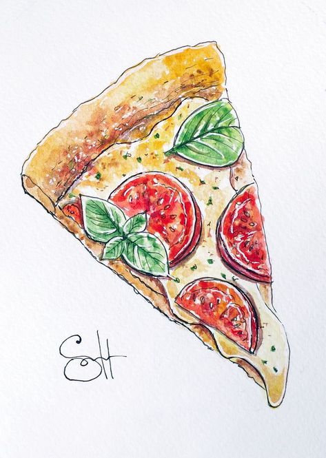 Pizza Drawing, Markers Drawing Ideas, American Traditional Tattoo Ideas, Traditional Tattoo Ideas, Pizza Art, Art Tutorials Watercolor, Food Illustration Art, American Traditional Tattoo, Nature Art Painting