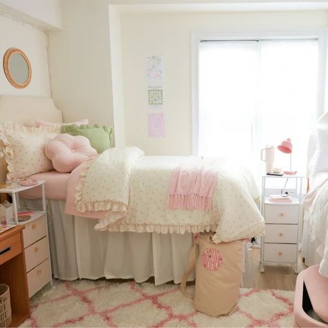 College Dorm Room Area & Accent Rugs - Dormify Cute Dorm Rooms Pink, College Dorm Rug, Pink And White Dorm Room Aesthetic, Light Pink And Green Dorm Room, Pink Floral Dorm Room, French Dorm Room, Princess Dorm Room, Pink And White Dorm Room Ideas, Small Dorm Room Ideas Layout Double