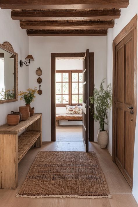 Combine Hacienda-style, modern Mexican and boho elements to create Mexican farmhouse decor using these quick tips and simple ideas to guide you. Spanish House Entryway, Modern Spanish Style Entryway, Mexican Colonial Decor, Hacienda Restroom, Small Spanish Bungalow Interior, Organic Spanish Decor, Spanish Farmhouse Interior, Hacienda Style Apartment Decor, Modern Mediterranean Entryway