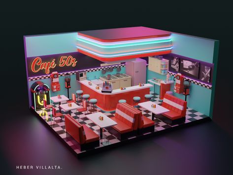 Diner Aesthetic, Diner Decor, Vintage Diner, Retro Cafe, American Diner, Isometric Art, Retro Diner, Isometric Design, Bloxburg Ideas