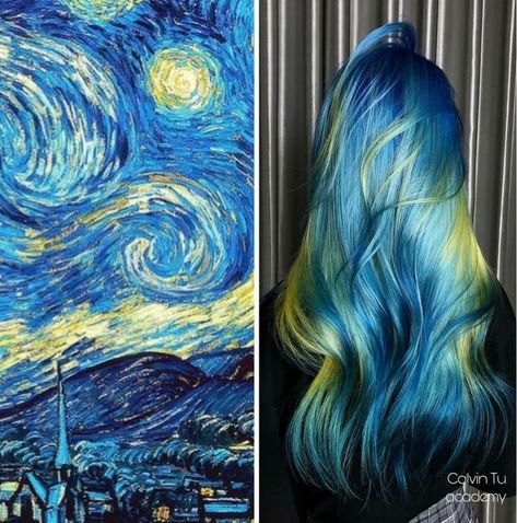 Starry Night Hair Color, Night Sky Hair Color, Starry Night Hair, Warm Blue Hair, Weird Hair Colors, Yellow And Blue Hair, Oil Spill Hair, Blue And Green Hair, Galaxy Hair Color