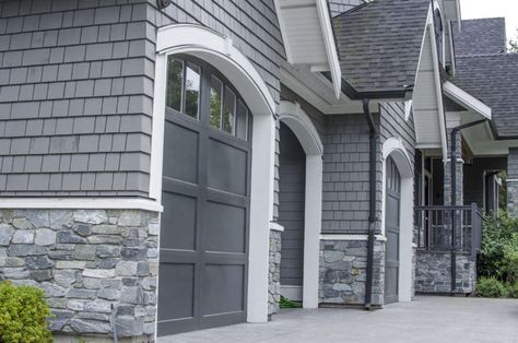 Craftsman Design with Stone Wainscoting Houses With Stone And Siding, Gray House White Windows, Stone Outside Of House, Outside Stone On House, Stone On Exterior Of House, White House Stone Accent Exterior, Stone On House Exterior, Stone And Siding House Exterior, Exterior Stone Ideas