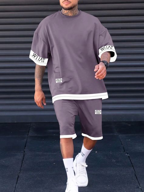 Purple Casual Collar Half Sleeve  Letter  Embellished Medium Stretch  Men Plus Size Clothing Black Streetwear Outfit Men, Shorts Outfits Men Streetwear, Oversized Outfit Men, Oversized Tshirt Outfit Men, Streetwear Outfit Men, Black Shorts Outfit, Black Men Fashion Urban, Stylish Mens Suits, Black Streetwear