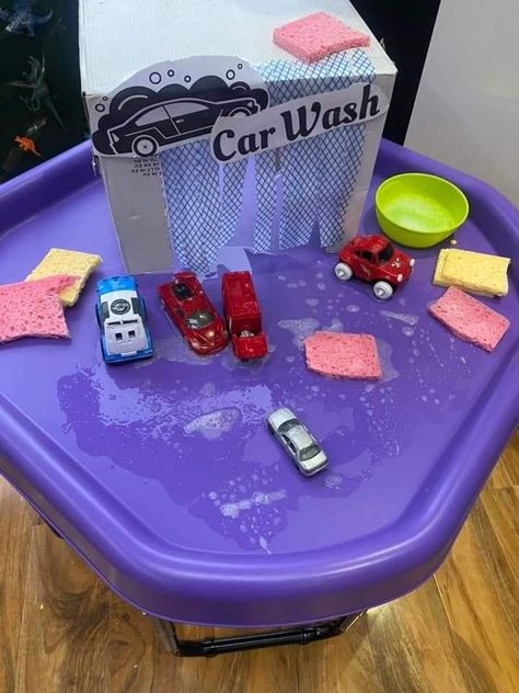 Montessori Messy Play, Water Tray Activities Eyfs, Car Wash Tuff Tray, Transport Sensory Play, Transport Activities For Toddlers, Sensory Tray Ideas, Tuff Tray Ideas Toddlers, Dramatic Play Preschool, Eyfs Activities