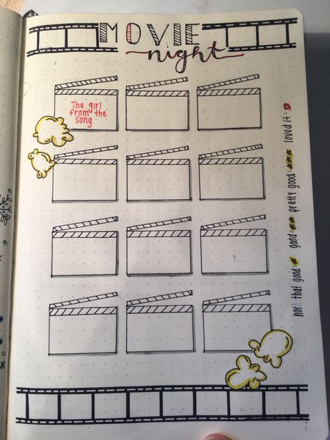 Movie Night Doodles, Movie Night Scrapbook Page, Buttel Journal Ideas, Journal Movie Page, Movie Journal Page, Bullet Journal Yearly, Ballet Journal, Movie Tracker, Bullet Journal Month