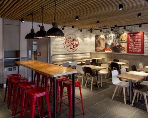 fastfood restaurant interiors 6 Essen, Brick Cladding, New Interior Design, Fast Food Restaurant, Rustic Country, News Design, Concept Design, Breakfast Bar, Product Launch