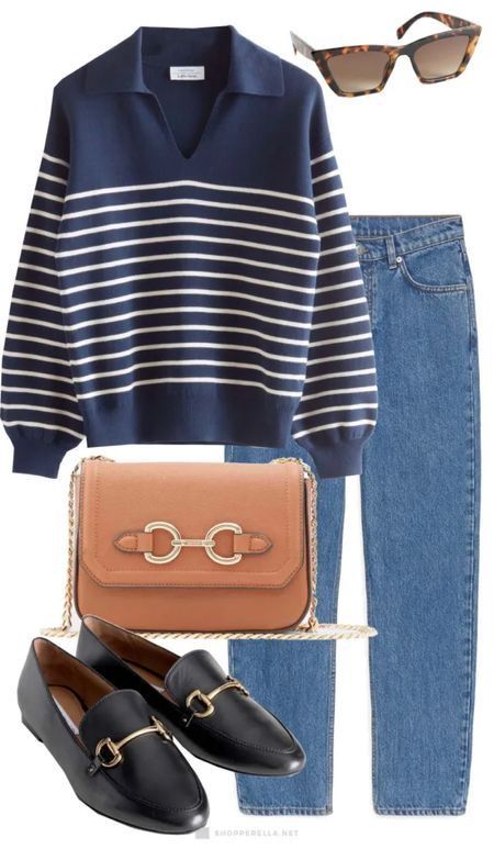 Striped Collared Sweater Outfit, Navy Stripe Sweater, Navy White Striped Shirt Outfit, Navy Blue Striped Sweater Outfit, Blue And White Striped Sweater Outfit, Navy Blue Striped Shirt Outfit, Navy Striped Sweater Outfit, Blue Striped Sweater Outfit, Blue Loafers Outfit Women