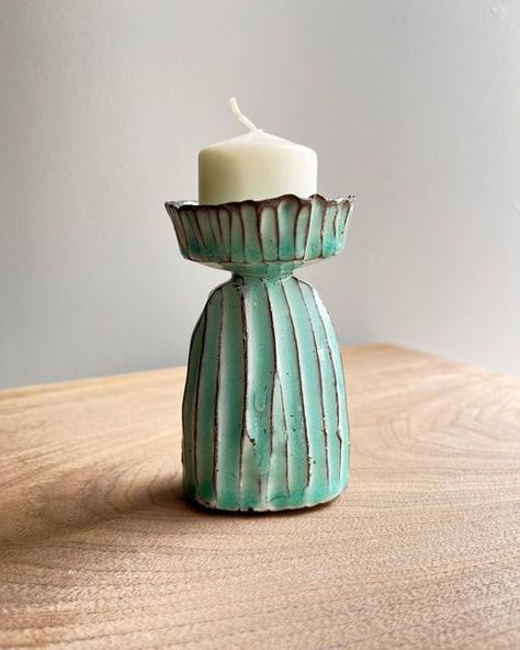 Clay Candle Holders, Pottery Candle Holder, Clay Candle, Pottery Candle, Pottery Handbuilding, Decorations Table, Hand Built Pottery, Ceramic Candle Holders, Vertical Lines