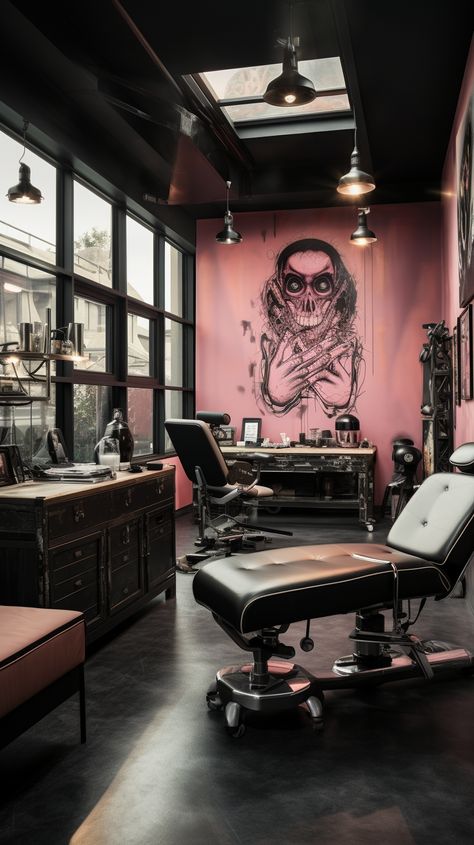 Tattoo Shop Interior Design Studios, Modern Tattoo Shop Interior, Goth Salon, Small Tattoo Studio, Tattoo Shop Ideas, Tattoo Room Ideas, Tattoo Studio Aesthetic, Tattoo Shop Aesthetic, Pink Tattoo Studio