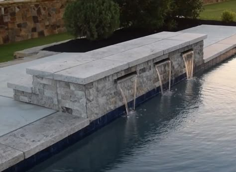 Diving Platform, Pool Makeover, Pool Kitchen, Diving Boards, Travertine Pool, Water Feature Wall, Pools Backyard Inground, Pool Water Features, Pool Renovation