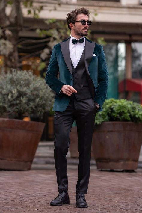 Embrace luxury and sophistication with the Emerald Velvet Slim-Fit Tuxedo 3-Piece Suit. The rich velvet fabric, sleek slim-fit silhouette, and three-piece set showcase a perfect blend of opulence and modern style. #emeraldvelvet #slimfittuxedo #luxuryfashion #sophisticatedlook #mensfashion #formalstyle #modernmenswear #velvetattire 3piece Suit Men, Three Piece Suit Mens, Emerald Velvet, Suit Styles, Wedding Outfits For Groom, Double Breasted Tuxedo, Suit Stores, Slim Fit Suit Men, Slim Fit Tuxedo