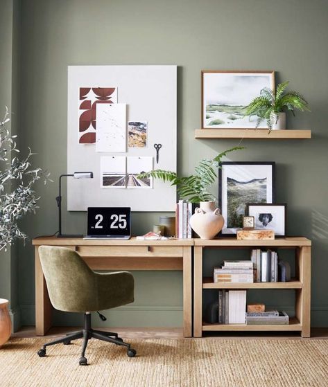 Earthy Greens Farmhouse Desk Iplans, Office With Printer Setup, Guest Office Desk, Desk With Credenza Home Office, Desk In Living Room Apartment Modern, Shea Mcgee Home Office, White And Oak Office, Desk For Working From Home, Living Room Desk Decor