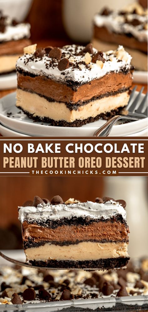 This No Bake Chocolate Peanut Butter Oreo Dessert is a flavor packed sweet treat that consists of crushed Oreo’s, a creamy peanut butter layer, decadent chocolate layer, and topped with whipped cream. The ultimate dessert for any sweet tooth craving! No Bake Chocolate Peanut Butter Oreo Dessert, Chocolate Peanut Butter Oreo Dessert, Peanut Butter Ice Cream Dessert, Peanut Butter Oreo Icebox Cake, Desserts With Whipped Topping, Cookie Dessert Ideas, No Bake Chocolate Peanut Butter Dessert, Refrigerator Pies Desserts, Oreo Peanut Butter Dessert