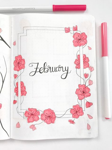 Pretty Borders Design, Pink Border Design, Border Design Flower, Page Decoration Ideas, Paper Design Ideas, Month Decorations, Cover Design Ideas, February Bullet Journal, Cherry Blossom Theme