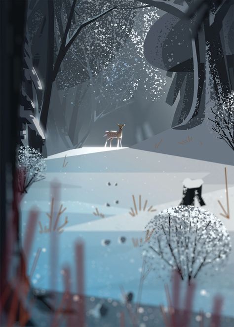 Winter on Behance Forest Drawing, Winter Illustration, Deer Art, Winter Wallpaper, Mystical Art, Winter Art, Anime Scenery Wallpaper, Scenery Wallpaper, Anime Scenery