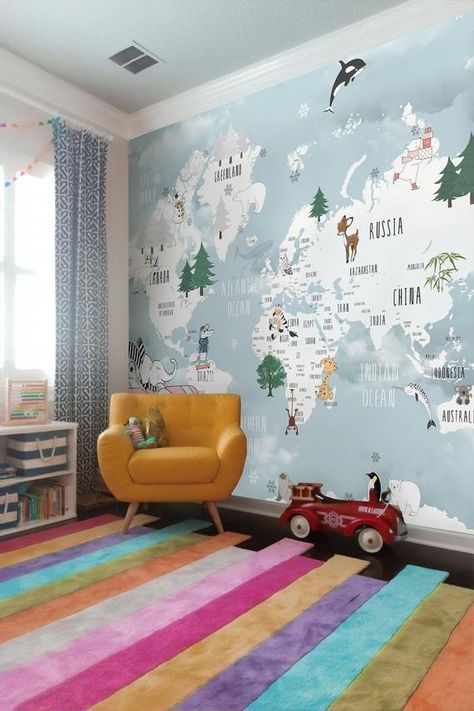 World Map Mural, Map Wall Mural, Elephant Wallpaper, Kids World Map, Map Murals, Blue World, Flying Elephant, World Map Wallpaper, Map Wallpaper