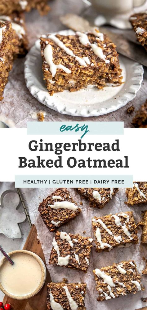 Your new favorite seasonal meal prep = Gingerbread Baked Oatmeal! This healthy breakfast is gluten free friendly and dairy free too. You can enjoy it warm or on the go as an oatmeal bar. Put this one on your list ASAP. Baked Oatmeal Gluten Free Dairy Free, Baked Gingerbread Oatmeal, Gingerbread Oatmeal Bake, Holiday Baked Oatmeal, Ginger Breakfast Recipes, Gingerbread Breakfast Recipes, Dairy Free Christmas Breakfast, Gluten Free Winter Desserts, Christmas Oatmeal Breakfast