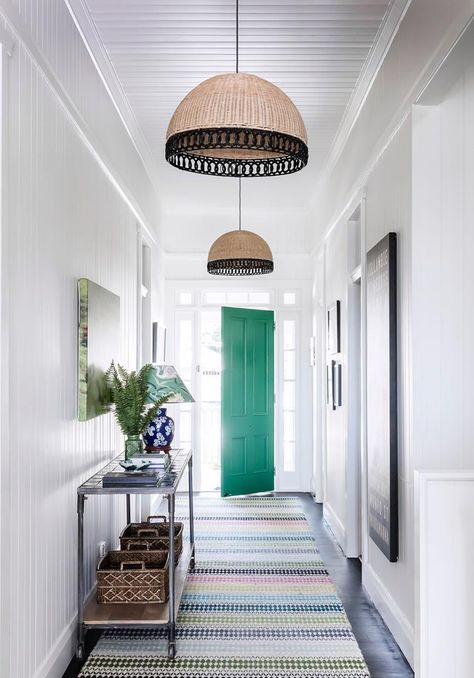 Queenslander Interior, Australian Cottage, Modern Queenslander, Workers Cottage, Queenslander Renovation, Queenslander House, Green Front Doors, Renovation Inspiration, Hal Decor