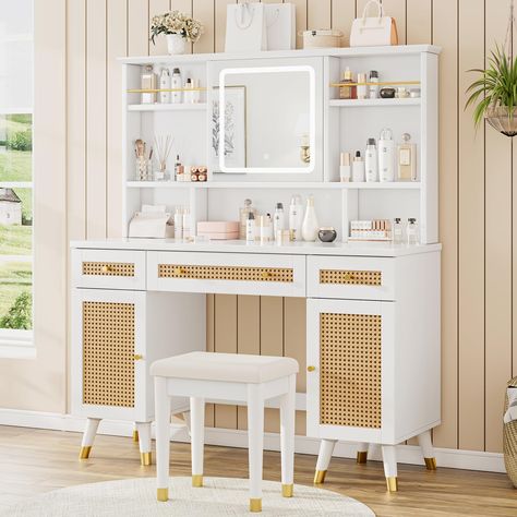 PRICES MAY VARY. [Large Rattan Vanity Desk] Overall measuring: 47.2''W*15.7''D*55.1''H. Eco-friendly paint finish, lighted HD mirror & 47in wide tabletop & rattan-door decor design add modern charm & elegance, gold handles & upholstered stool add refinement & practicality [Touch Control Lighted Mirror] Gently touch the button to adjust 3 color modes, long press to adjust 5 brightness. Providing you with the perfect ambiance for your makeup application making your daily beauty rituals effortless Rattan Vanity, Boho Vanity, Rattan Accents, Vanity Desk With Mirror, Modern Vanity Table, Desk With Mirror, Rattan Door, Makeup Vanity Desk, Illuminated Mirror