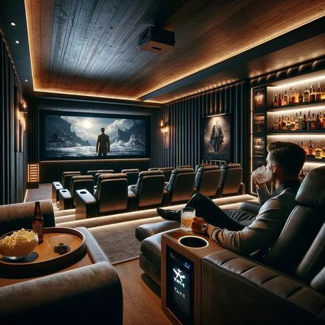 Tv Cinema Room, Cinema Snug Room, Industrial Movie Room, Home Theatre Guest Room, Man Cave Luxurious, Modern Theatre Room, Cool Basement Ideas Man Caves, Dark Cinema Room, Basement Theatre Room Ideas