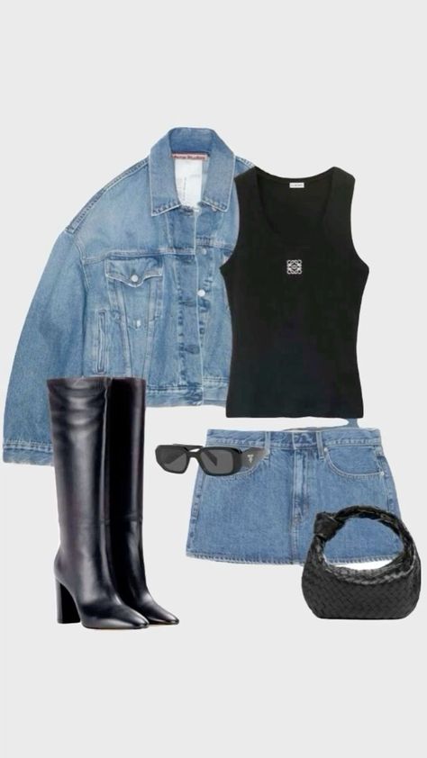 Double Denim Concert Outfit, Denim Outfit Night Out, Date Ootd Casual, Double Denim Skirt Outfit, Matching Going Out Outfits, Dallas Going Out Outfits, Denim Co Ord Outfit, Jean Going Out Outfit, Double Denim Outfit Women