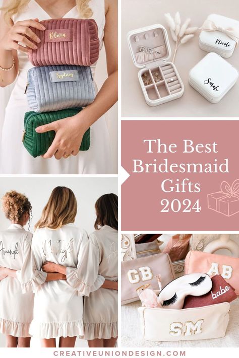 When it comes to showing appreciation for the special women standing by the bride's side on her big day, bridesmaid gifts play a significant role. Shop some of the most popular personalized bridesmaid gifts on Etsy: makeup bags, matching pajamas, slippers, robes, flasks, tote bags, jewelry boxes, ring dishes, nylon pouches, heart sunglasses and more. Custom bridal party gift ideas in bulk. Bridesmaid Thank You Gifts, Gift For Bridal Party, Best Bridesmaids Gifts, Bridal Party Gift Bags, Creative Bridesmaid Gifts, Meaningful Bridesmaid Gifts, Wedding Party Gift Ideas, Bridesmaid Bags Ideas Wedding Day, Bridal Party Gift Ideas