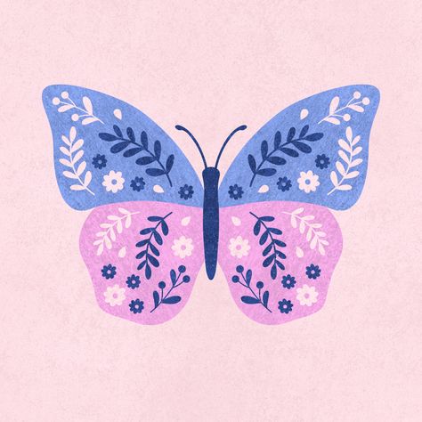 Illustration of a butterfly with folk art ornaments Butterfly Cute Drawing, Aesthetic Things To Draw, Butterfly Artwork Illustration, Cute Butterfly Illustration, Butterfly Pottery Painting Ideas, Easy Butterfly Painting, Folk Art Butterflies, Butterfly Illustration Art, Simple Butterfly Drawing