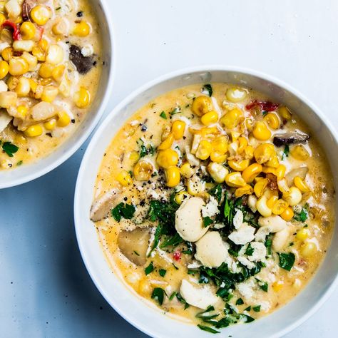 To make this corn chowder recipe vegetarian, omit the bacon and replace with more shiitake mushrooms; sauté them until they’re golden brown. Creamy Corn Chowder Recipe, Best Corn Chowder Recipe, Best Corn Recipe, Creamy Corn Chowder, Csa Box, Box Recipes, Parmesan Rind, Corn Chowder Recipe, Chowder Recipe