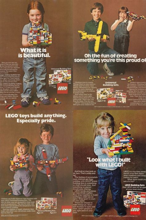 Lego has abandoned its once gender-neutral marketing strategy of the 1980s for a gendered approach, which imposes the strict gender binary in marketing separately to male and female children. Gende… Stare Reklamy, Lego Poster, Gill Sans, Lines For Girls, Lego Girls, Vintage Lego, Social Design, Great Ads, Vintage Ads