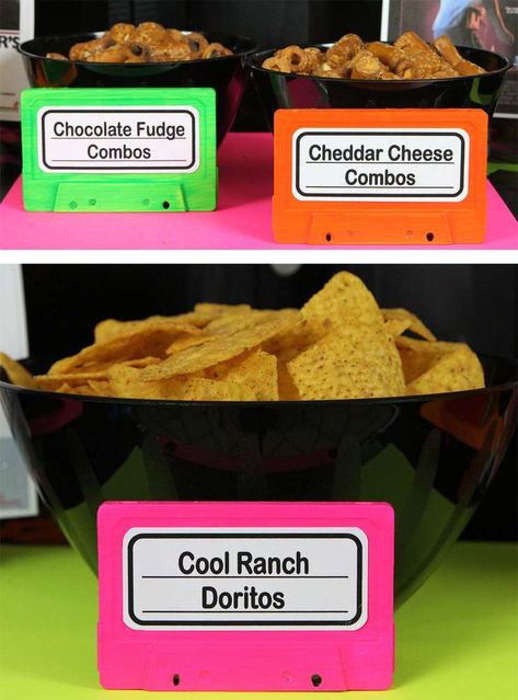 80s Birthday Party Food Ideas, Totally Rad 80s Prom Gone Bad, 80’s Party Food, 80s Party Food, 80s Birthday Party Ideas, Aries Party, 80s Party Foods, 80s Birthday Party, Basket Raffle