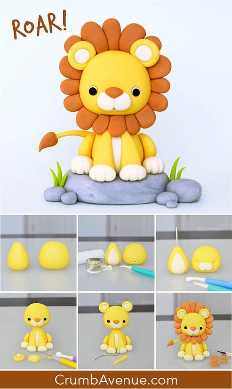 Lion Cake Topper, Kue Fondant, Lion Cake, Tutorial Origami, Clay Crafts For Kids, Safari Cakes, Fondant Animals, Cake Topper Tutorial, Fondant Cake Toppers