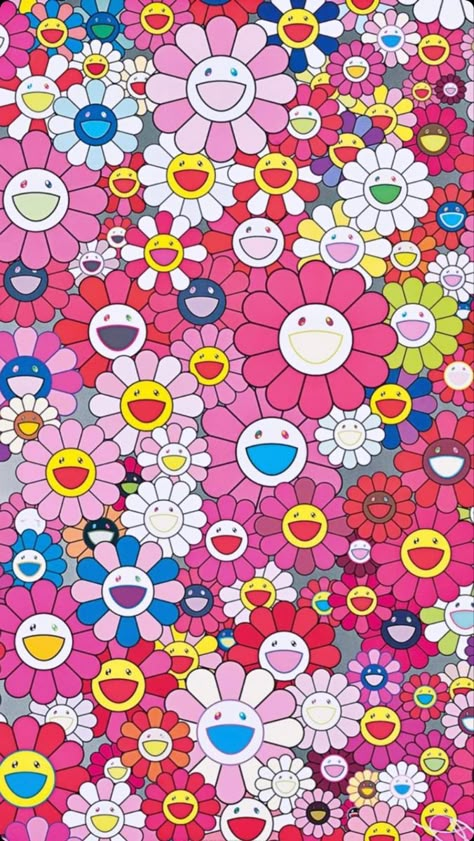 Takashi Flower Wallpaper, Takashi Murakami Wallpaper Aesthetic, Takashi Murakami Flower Wallpaper Iphone, Murakami Flower Wallpaper Iphone, Kaws Aesthetic Wallpaper, Takashi Murakami Wallpaper, Murakami Wallpaper, Colorful Flower Painting, Takashi Murakami Art