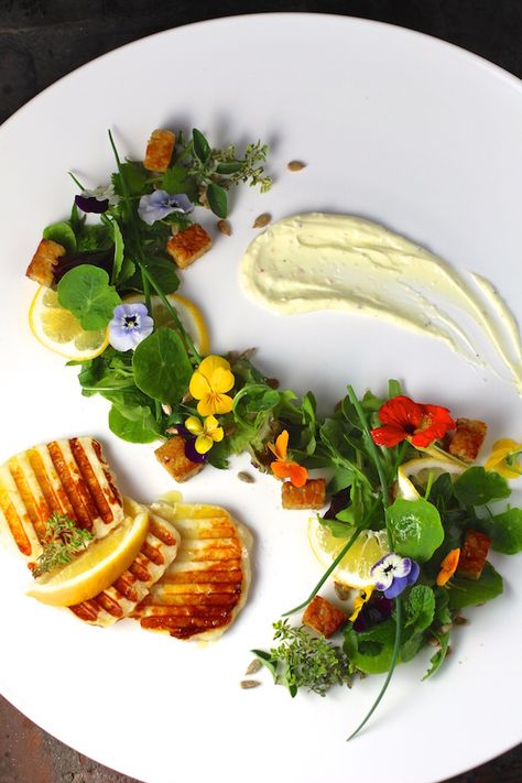 Lemon Whipped Cream, Edible Flowers Recipes, Food Plating Techniques, Grilled Halloumi, Herb Salad, Cheese Salad, Meyer Lemon, Vegetarian Recipes Healthy, Edible Flowers