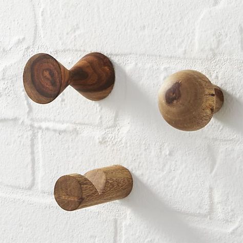 Hang a few strategically placed wall pegs and watch clutter disappear. We particularly like the geometry of these simple wooden versions. Wood Bathroom Accessories, Wooden Wall Hooks, Geometric Floor, Hanger Design, Steel Wood, Crate Storage, Sheesham Wood, Product Display, Wooden Pegs