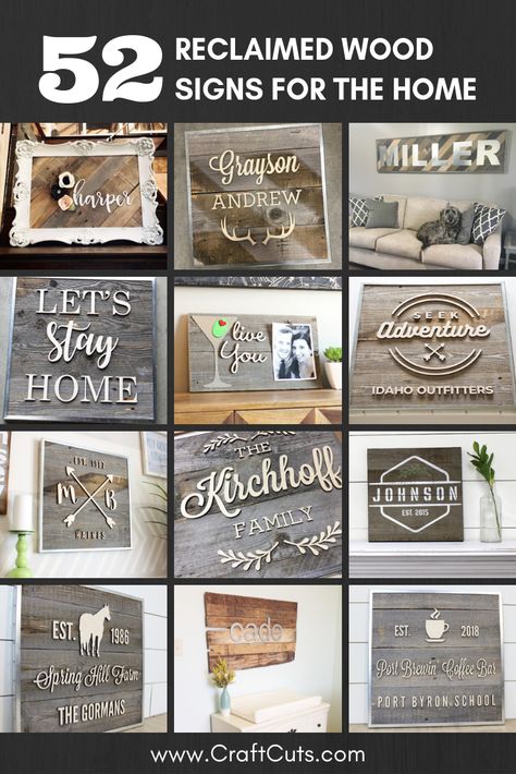 Decorate your home with Custom Reclaimed Wood Signs. 52 Reclaimed Wood Signs for the Home. Diy Cricut Signs Home Decor, Popular Wood Signs To Sell, Diy Wood Signs Ideas, Diy Signs For The Home, Homemade Wood Signs, Signs For The Home, Vintage Wood Signs, Wood Decorations, Glowforge Projects