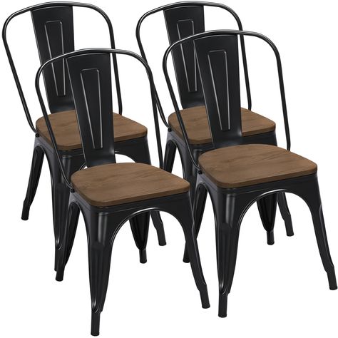 Alden Design Metal Stackable Dining Chairs with Wooden Seat, Set of 4, Black - Walmart.com Coffee Chairs, Black Chairs, Stackable Dining Chairs, Chaise Metal, Metal Dining Chairs, Bistro Chairs, Patio Dining Chairs, Kelly Clarkson, Furniture Dining Chairs