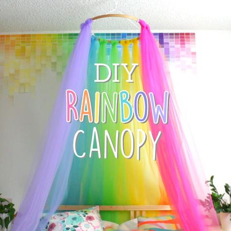 DIY Rainbow Canopy Rainbow Canopy, Girls Rainbow Bedroom, Rainbow Room Kids, Unicorn Room Decor, Rainbow Bedroom, Unicorn Bedroom, Fantasy Bedroom, Diy Rainbow, Rainbow Room