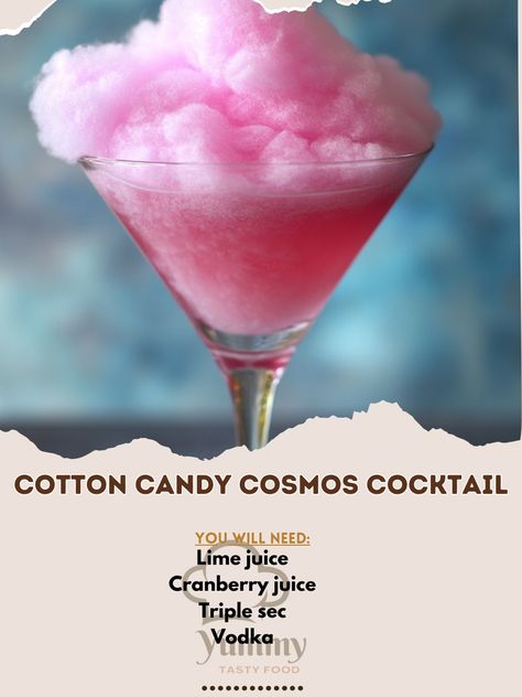 🍹✨ Sip on sweetness with our Cotton Candy Cosmos Cocktail! A fun and colorful twist on a classic favorite! 🌟💖 #CottonCandyCocktail #CosmosTwist Cotton Candy Cosmos Cocktail Ingredients: Vodka (2 oz) Triple sec (1 oz) Cranberry juice (1 oz) Lime juice (1/2 oz) Cotton candy (for garnish) Ice Instructions: In a cocktail shaker, combine vodka, triple sec, cranberry juice, and lime juice with ice. Shake well and strain into a martini glass. Garnish with a cloud of cotton candy on top. 🍹✨ Enjoy... Sprite And Cotton Candy Drink, Candy Floss Cocktail, Cocktails With Cotton Candy, Cosmos Cocktail, Cotton Candy Mocktail, Cotton Candy Margarita, Alcoholic Milkshake, Cotton Candy Drinks, Cotton Candy Cocktail