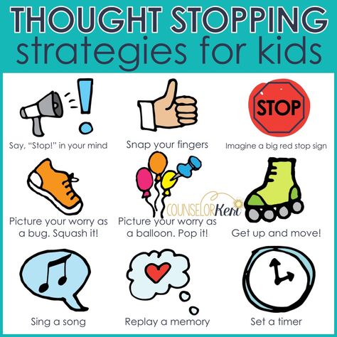 thought-stopping strategies for kids: help kids manage worries these 9 strategies. -counselor keri Thought Stopping, Counselor Keri, Group Counseling Activities, Kids Coping Skills, Coping Skills Activities, Worried Kids, Elementary School Counseling, School Social Work, Counseling Activities