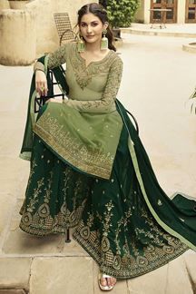 Green Sharara Suit, Green Sharara, Designer Sharara Suits, Pink Sharara, Gharara Designs, Designer Sharara, Gharara Suits, Embroidered Sharara, Combination Dresses