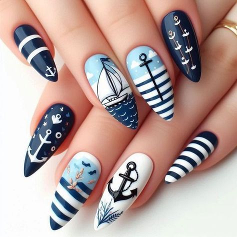 Nautical Theme Nails, Sailboat Nails, Indi Nails, Elegant Manicure Ideas, Boat Nails, Nail Designs Bright, Anchor Nail Designs, Nautical Nail Designs, Sailor Nails