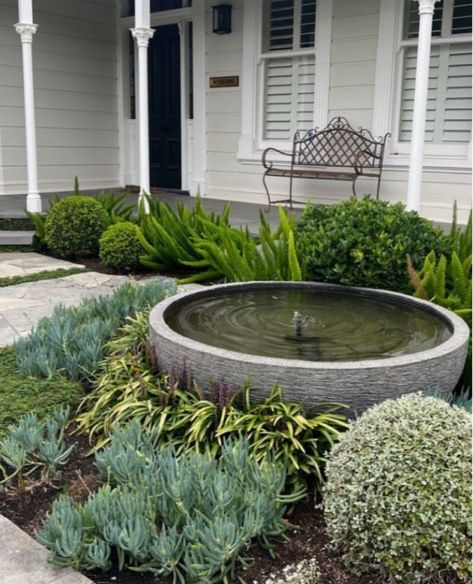 gallery Front Yard Fountain, Courtyard Fountain, Yard Fountain, Landscaping With Fountains, Garden Water Feature, Fountains Backyard, Landscape Inspiration, Front Garden Design, Backyard Pool Landscaping