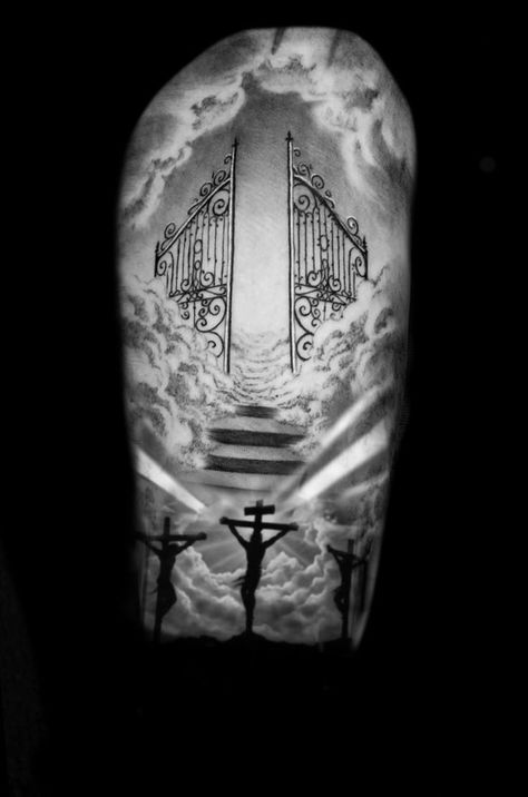 Tattoos Heaven, Heavens Gates Tattoo Design, Staircase Tattoo, Stairs To Heaven Tattoo, Made In Heaven Tattoo, In Heaven Tattoo, Gates Of Heaven Tattoo, Stairway To Heaven Tattoo, Heaven Tattoo