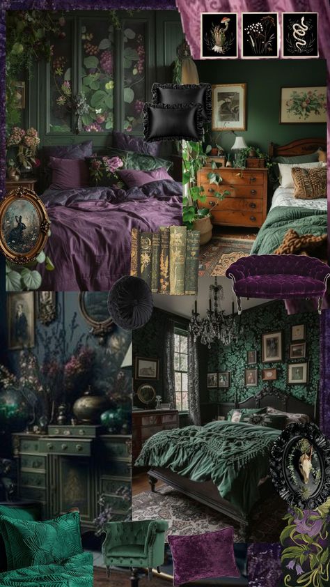 Lavender And Dark Green Bedroom, Purple Green Home Decor, Purple Green And Black Bedroom, Purple Green Aesthetic Room, Swamp Aesthetic Room, Olive And Purple Bedroom, Purple Green Black Bedroom, Black And Green Gothic Bedroom, Purple Green Bedroom Aesthetic