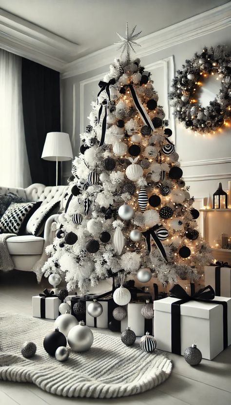 🎄21 Stunning White Christmas Tree Decorating Ideas to Transform Your Holiday Decor!✨ Christmas Tree Ideas With Black, Decorating A Black Christmas Tree, Flocked Christmas Tree Silver, Black White Silver Christmas Decor, Black White Gold Christmas Decor, White Tree With Black Ornaments, White Christmas Tree With Black Decor, Monochrome Christmas Tree, Christmas Tree White And Black