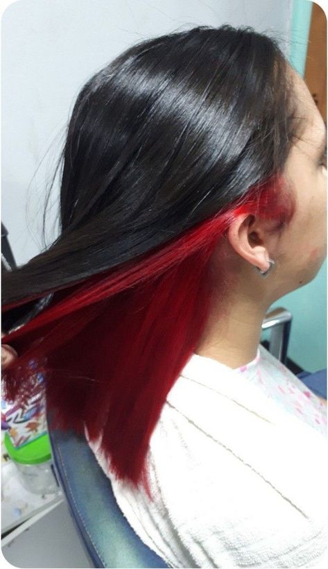 Underneath Hair Colors for a Bold Statement Half Red Half Black Hair Black Women, Bottom Of Hair Dyed, Red Hair Underneath Brown, Black Hair Red Underneath, Half Black Half Red Hair, Black Hair With Red Underneath, Red Underdye Hair, Red Hair Underneath, Halo Hair Colors