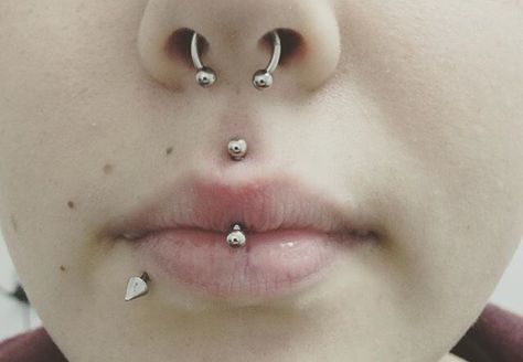 Vertical Medusa Piercing, Vertical Philtrum Piercing, Jestrum Piercing, Body Modification Piercings, Philtrum Piercing, Piercing Inspo, Medusa Piercing, Piercing Septum, Cool Piercings