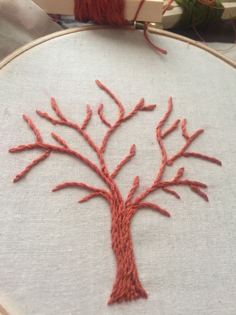 Embroidery Designs Stem Stitch, Stem Stitch Embroidery Design Patterns, Embroidery Tree Design, Embroidery Trees Tutorials, Tree Embroidery Tutorial, Stem Stitch Design, Stem Stitch Embroidery Motifs, Embroidery Branch, Embroidery Tree Pattern