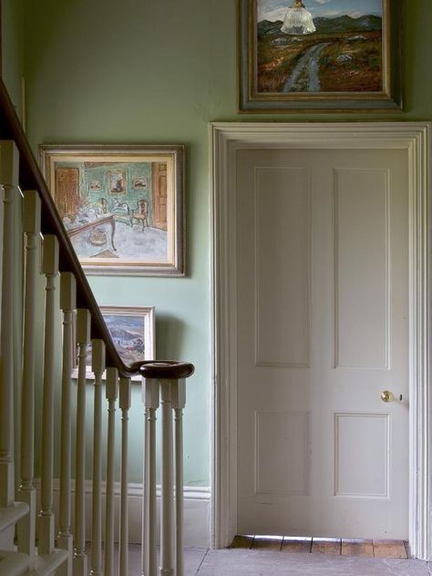 15 Ways to Decorate With Soft Sage Green | HGTV Farrow And Ball Blue Gray, Country Entryway, Green Entryway, Green Hallway Ideas, Light Green Walls, Sage Green Paint, Bright Artwork, Hallway Colours, Green Hallway