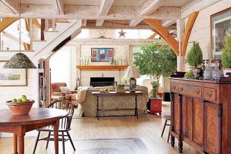 New Hampshire Post and Beam House Post And Beam Interiors, Post And Beam House, Beam House, Beams Living Room, Modern Post, Post And Beam Home, Long House, Barn Style House Plans, Cottage Style Homes